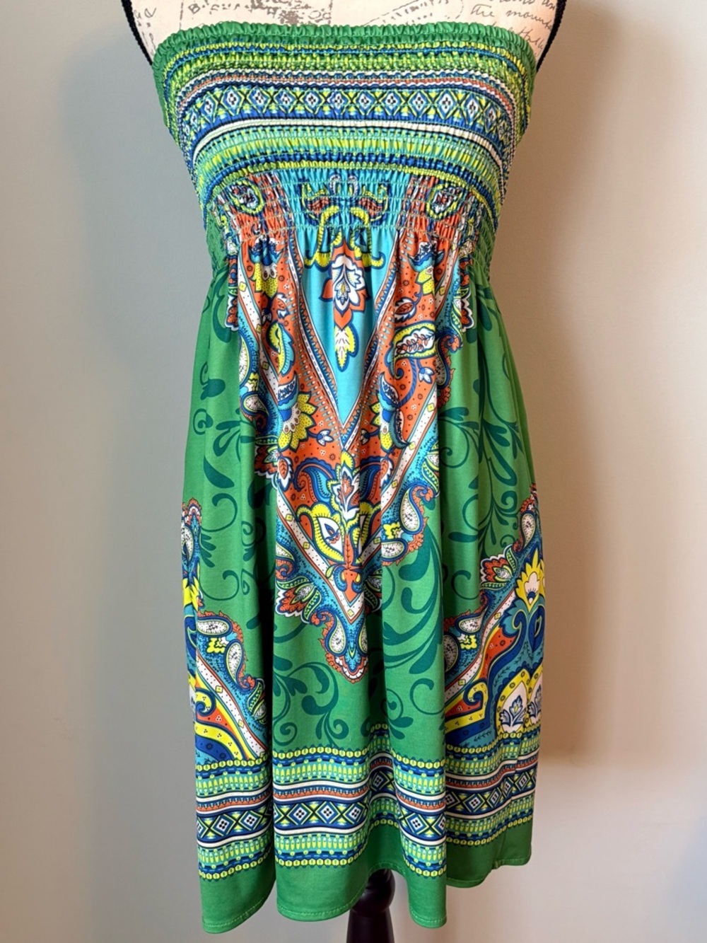 Flying Tomato Strapless Boho Mini Dress Smocked Paisley Green M